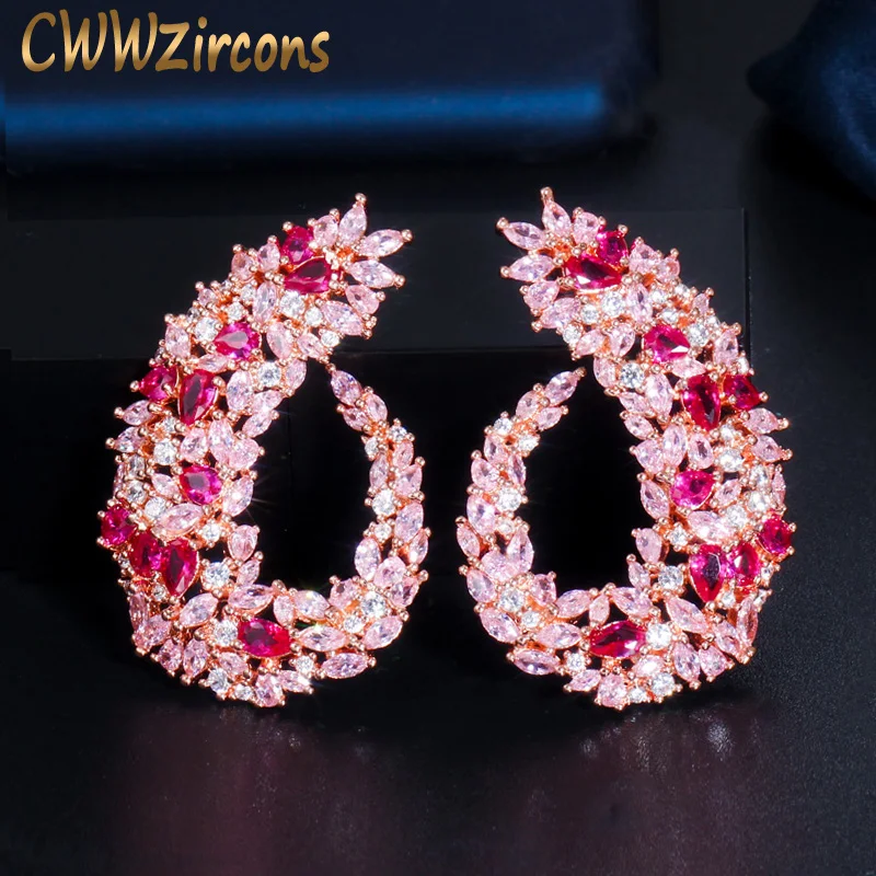 CWWZircons Rose Gold Plated Luxury Popular Geometry Flower Red Cubic Zirconia Big Wedding Earring Fashion Famous Jewelry CZ415