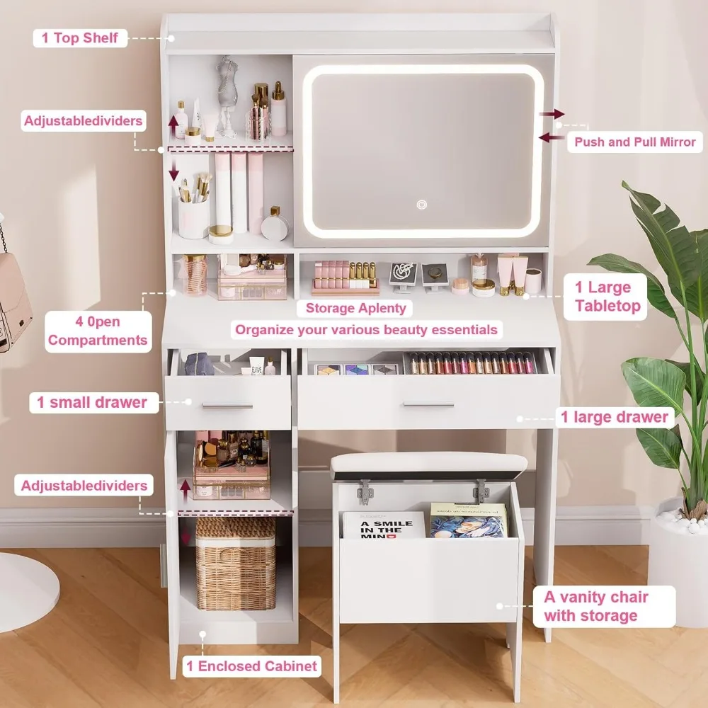 مكتب زينة مع مرآة منزلقة ومنافذ طاقة - إضاءة LED قابلة للتعتيم، 4 أرفف مفتوحة، درجين، خزانة تخزين واحدة وشارع مبطن