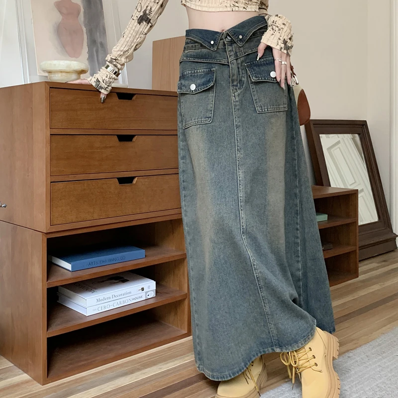 Vintage Blue Split Jeans Skirts Women High Waist Flip Waist A-Line Denim Skirt Long Skirt Y2K Trendy
