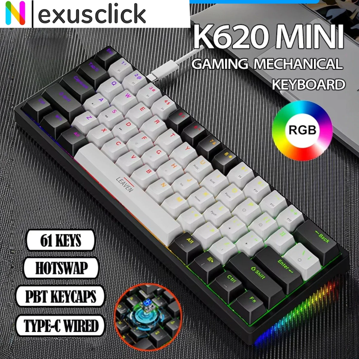 Nexusclick Gaming Wired Mechanical Keyboard RGB Backlit Hot-Swappable Ergonomic Design Gamer Keyboard For PC Computer Laptop