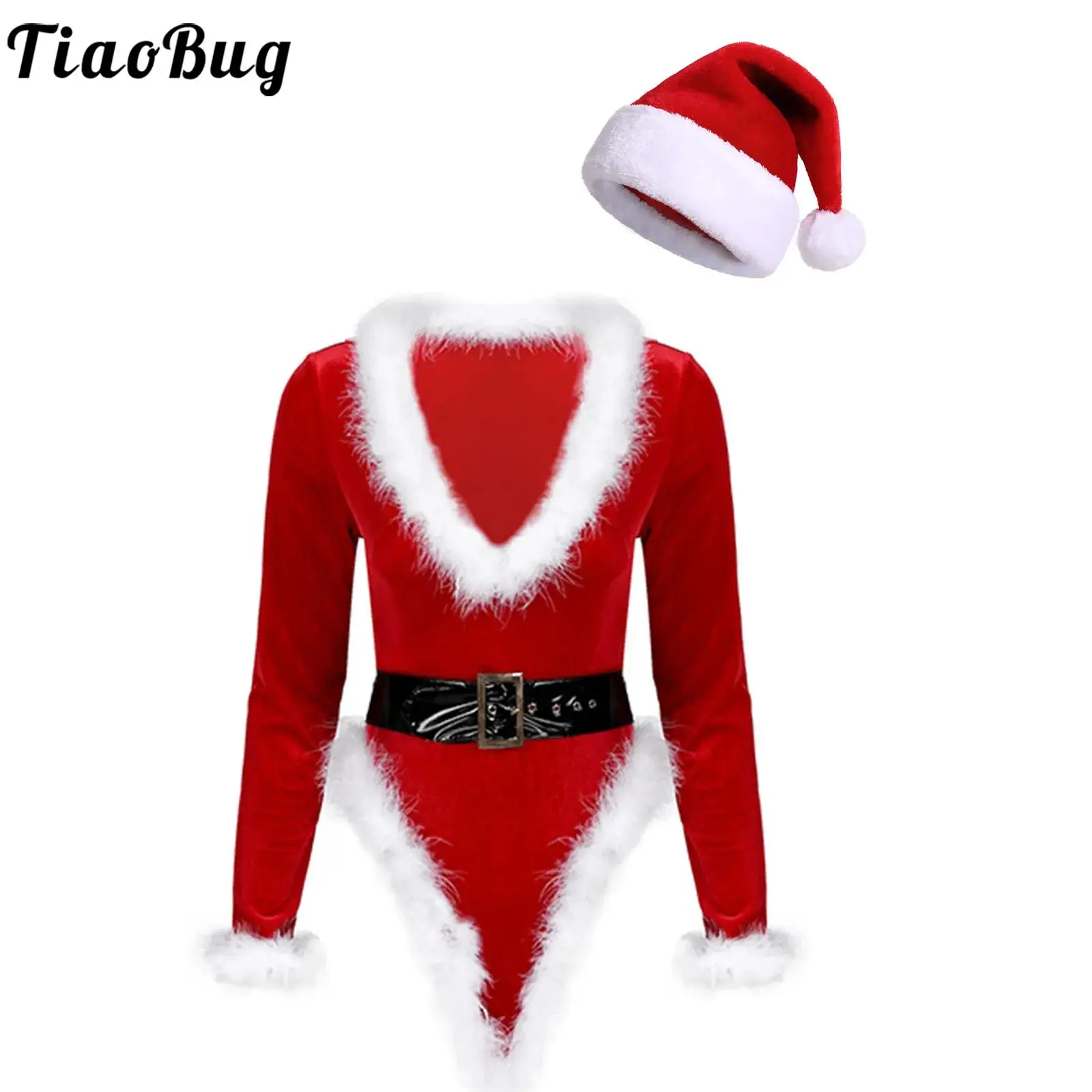 

Womens Christmas Costume Set Long Sleeve Fluffy Trim Bodysuit with Belt and Hat for Cosplay Role Play Theme Party