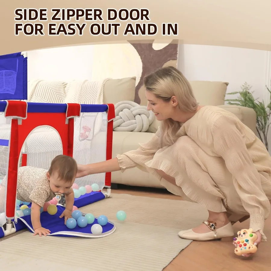 Kojec dla niemowląt i małych dzieci, kojec dla dzieci o wymiarach 185x180 cm z matą, do użytku wewnątrz i na zewnątrz, oddychający kojec z piłeczkami do zabawy i zawieszkami.