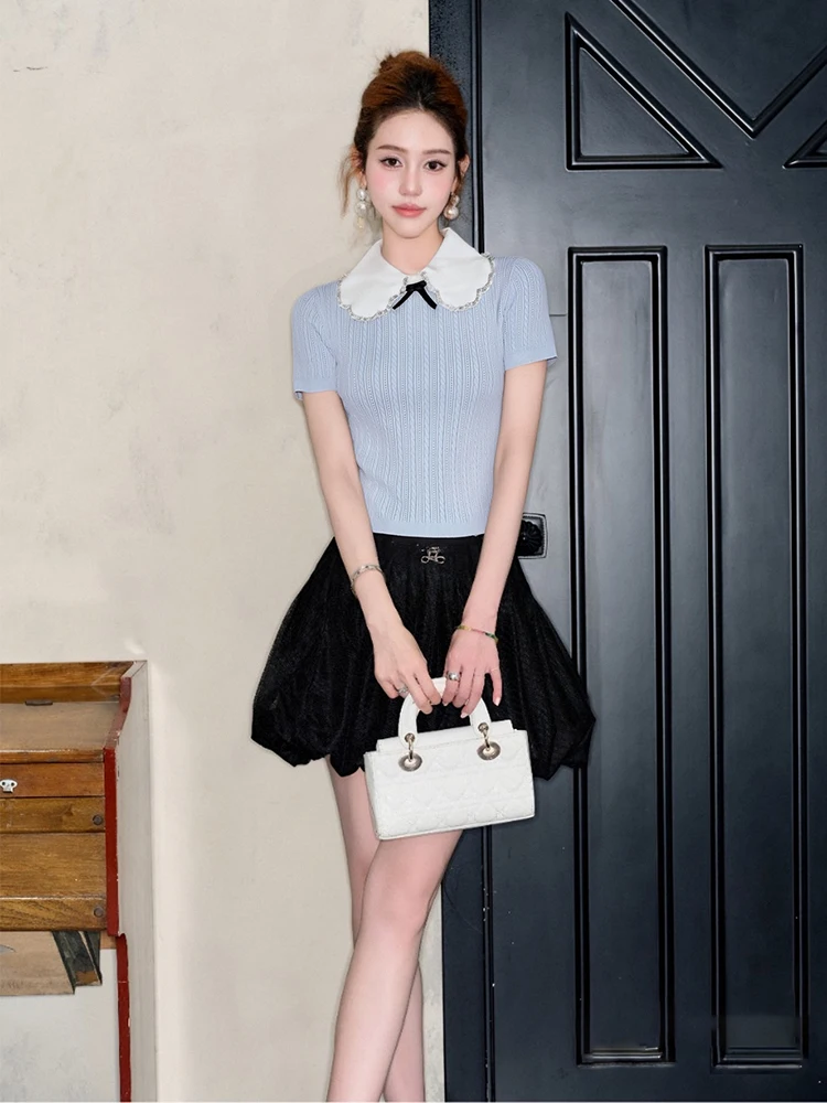 

Blue Sweet Ele ort Sve Knitted Top Slimming High Length Commuter Versatile Orgiri Women's Faion Summer 2025