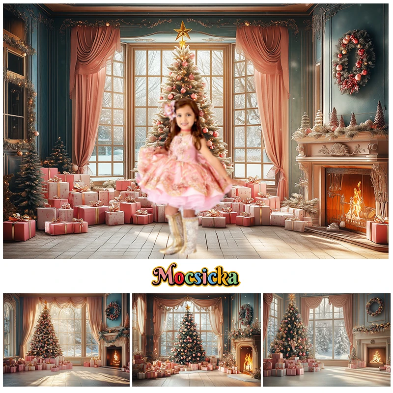 

Mocsicka Christmas Photography Backdrop Xmas Trees Pink Carpet Fireplace Wings Pastel Colored Background Photo Studio Photocall