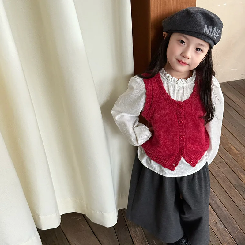 

Girl Waistcoat 2025 Autumn New Children's Clothing Korean Style Girl Baby Fashion Lace Knit Waistcoat Casual Simple All Match