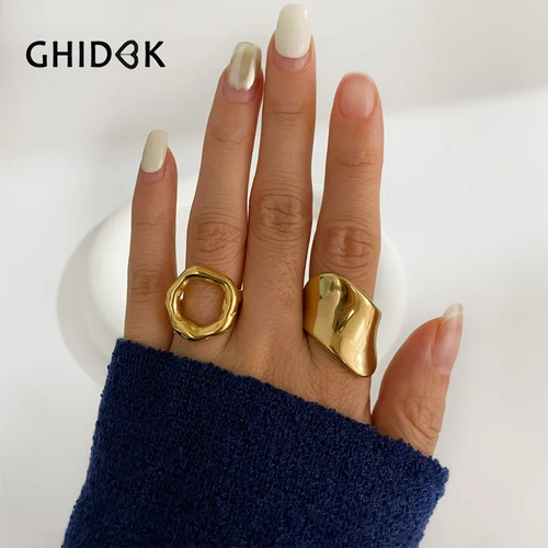 GHIDBK 여성용 미니멀리즘 변색 방지 스테인리스 스틸 반지, 18K Pvd 금도금, 독특한 디자인, 패션 홀리데이 주얼리 선물