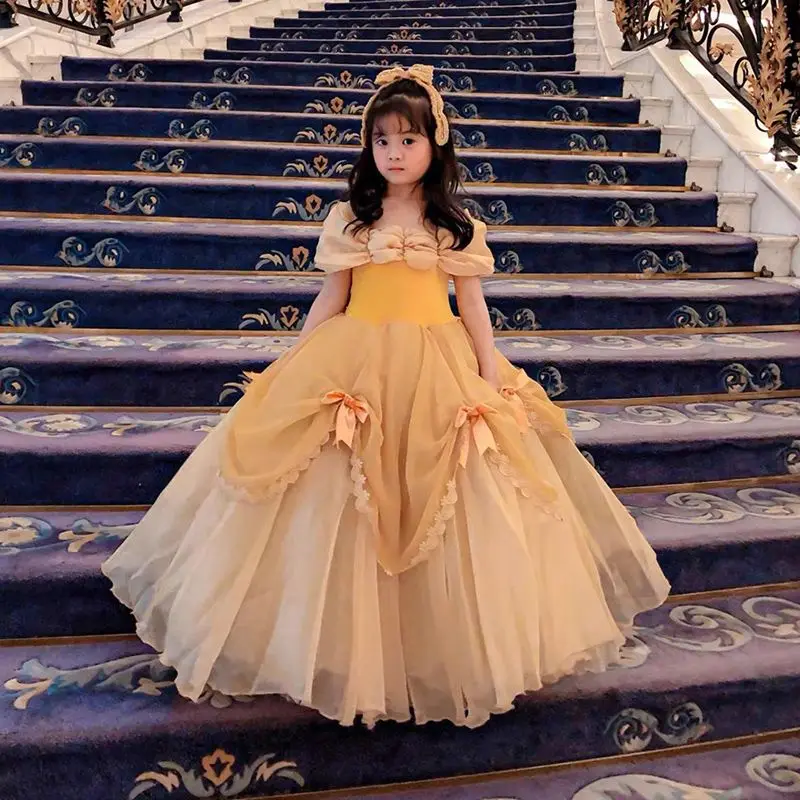 

Желтое платье принцессы Лолиты для девочек, украшение с бантом, юбка-пачка с рюшами, многослойное платье, платье для дня рождения, подарок на Хэллоуин