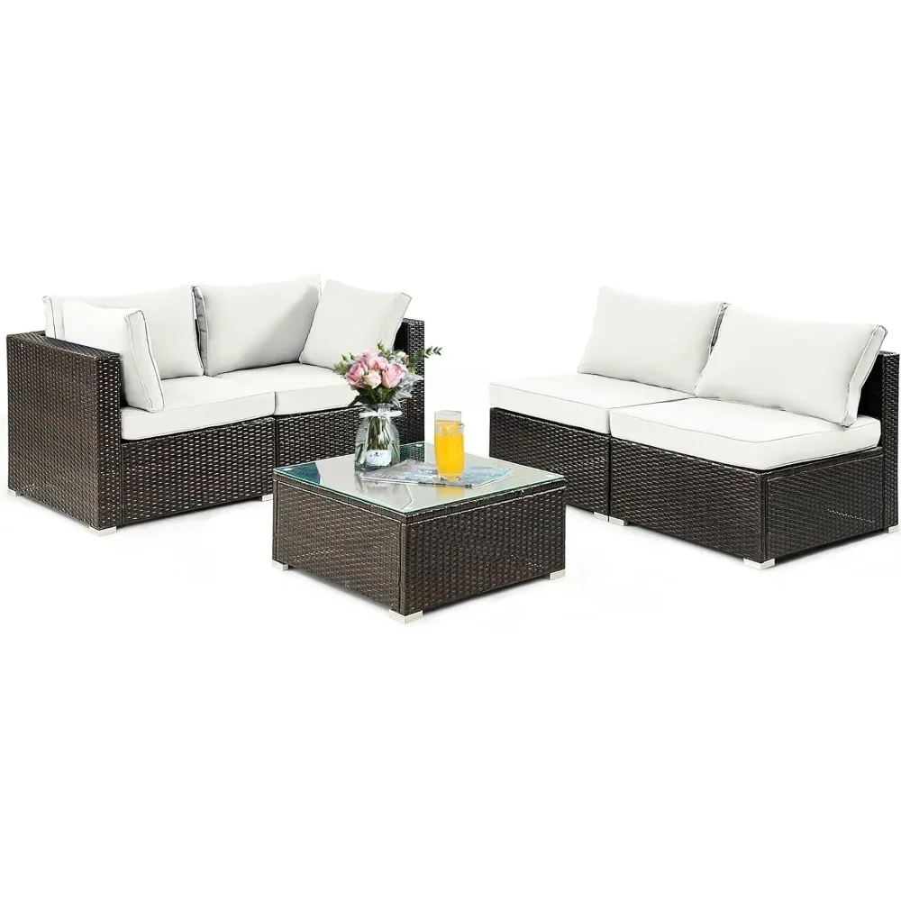 5-piece patio furniture set, outdoor rattan L-shaped corner sofa set, cushion coffee table, garden segmented conversation set