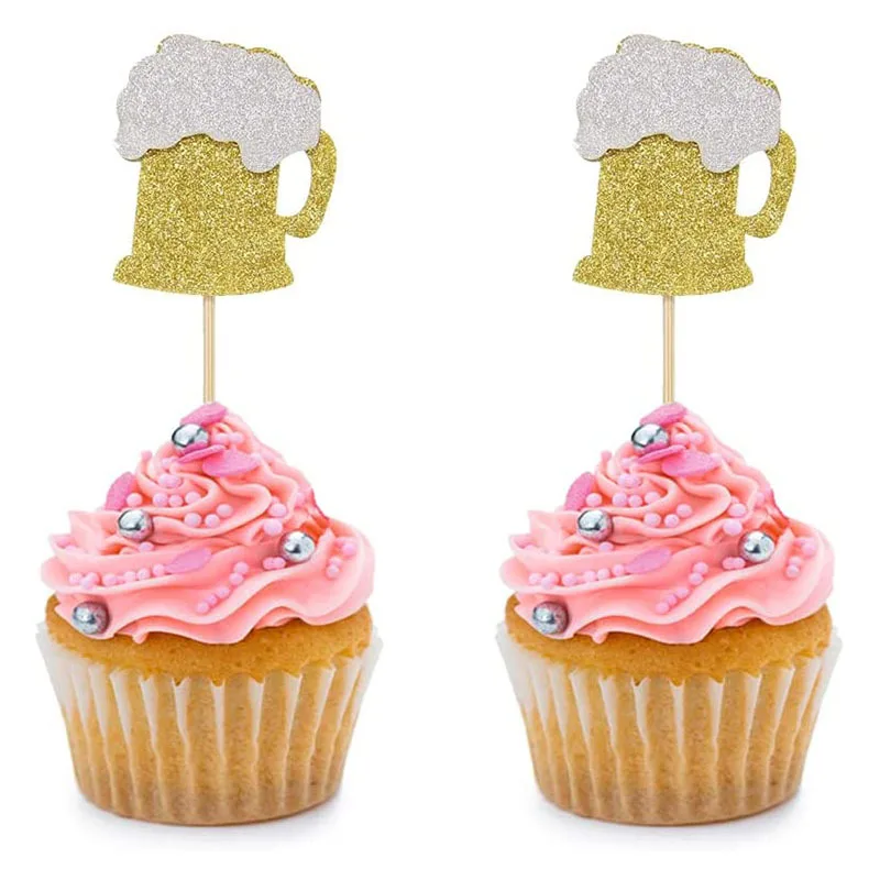 Cheers Beer Mug Happy Birthday Cake Topper Decoration Glitter Beers Pick Cupcake Toppers Beer Festival Birthday Party Supplies