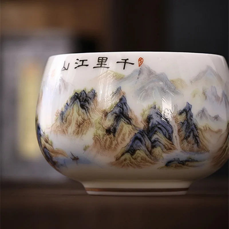 White Porcelain Qianli Jiangshan Tea Cup Chinese Painting Master Tea Cup Office Household Tea Cup Large Luohan Cup Gifts