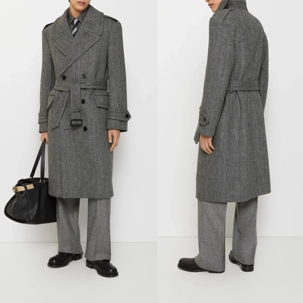 Customized Gray Wool Men Long Coat Formal Business Double Breasted Winter Thicken Jacket Overcoat One Piece