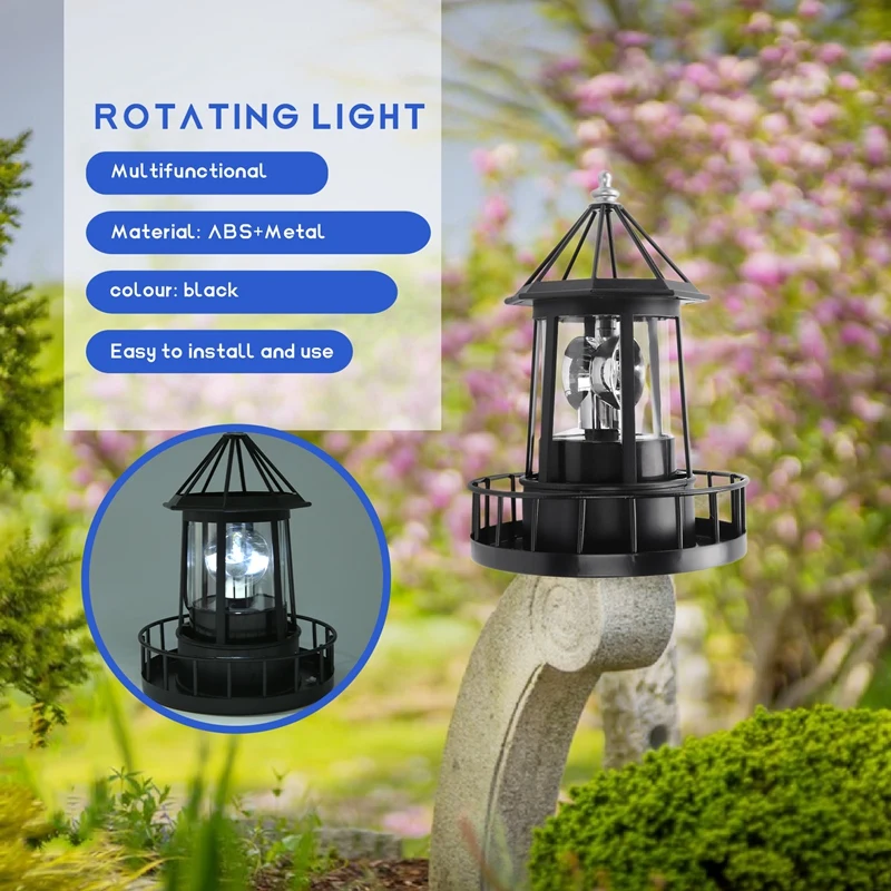 LED Solar Powered Lighthouse, 360 Degree Rotating Lamp Courtyard Decoration Waterproof Garden Towers Statue Lights