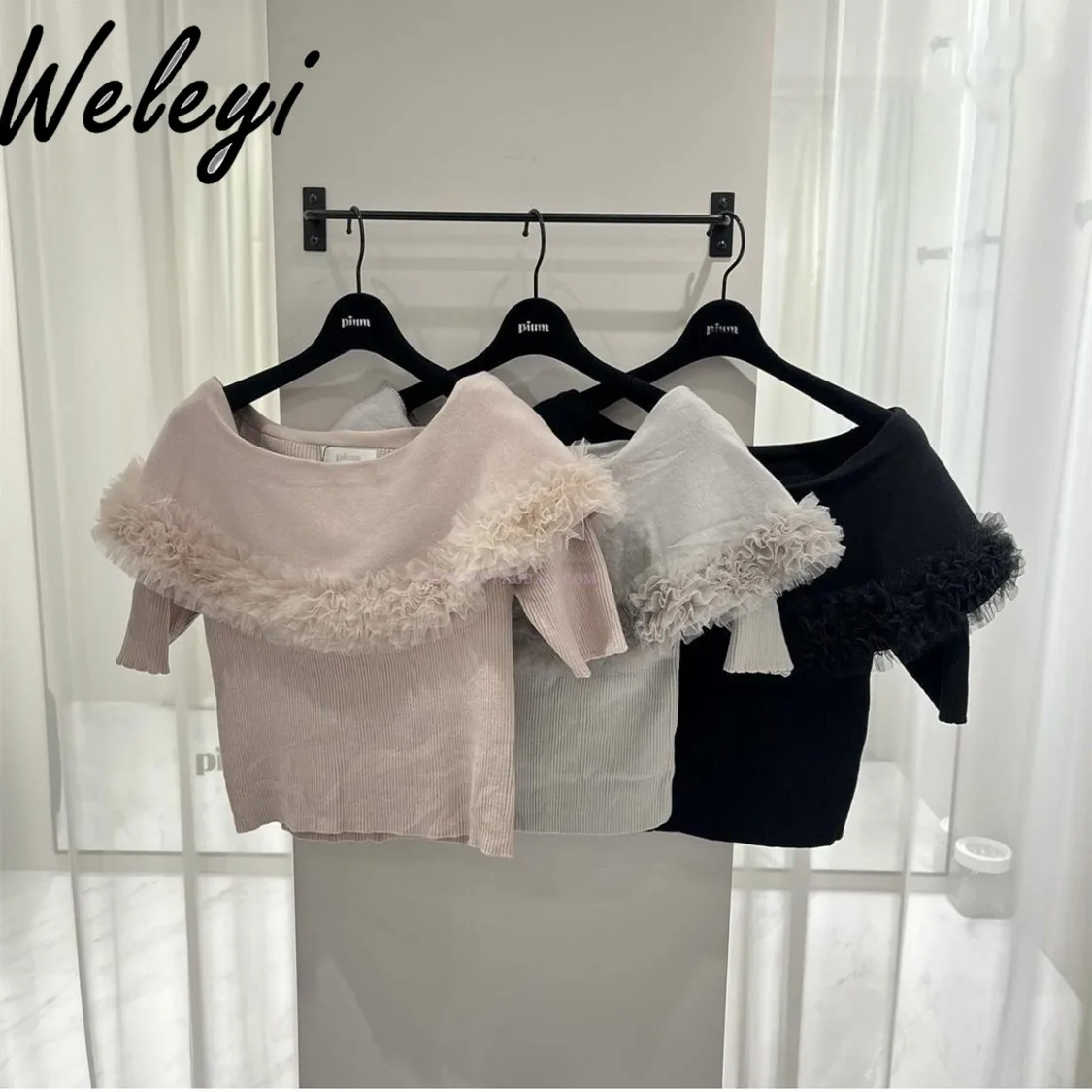 

Beautiful Yarn Lace Laminated Lace Knit Tee Top 2024 Summer New Japanese Sweet Elastic Bare Shoulder Off-Shoulder Knitted Tshirt