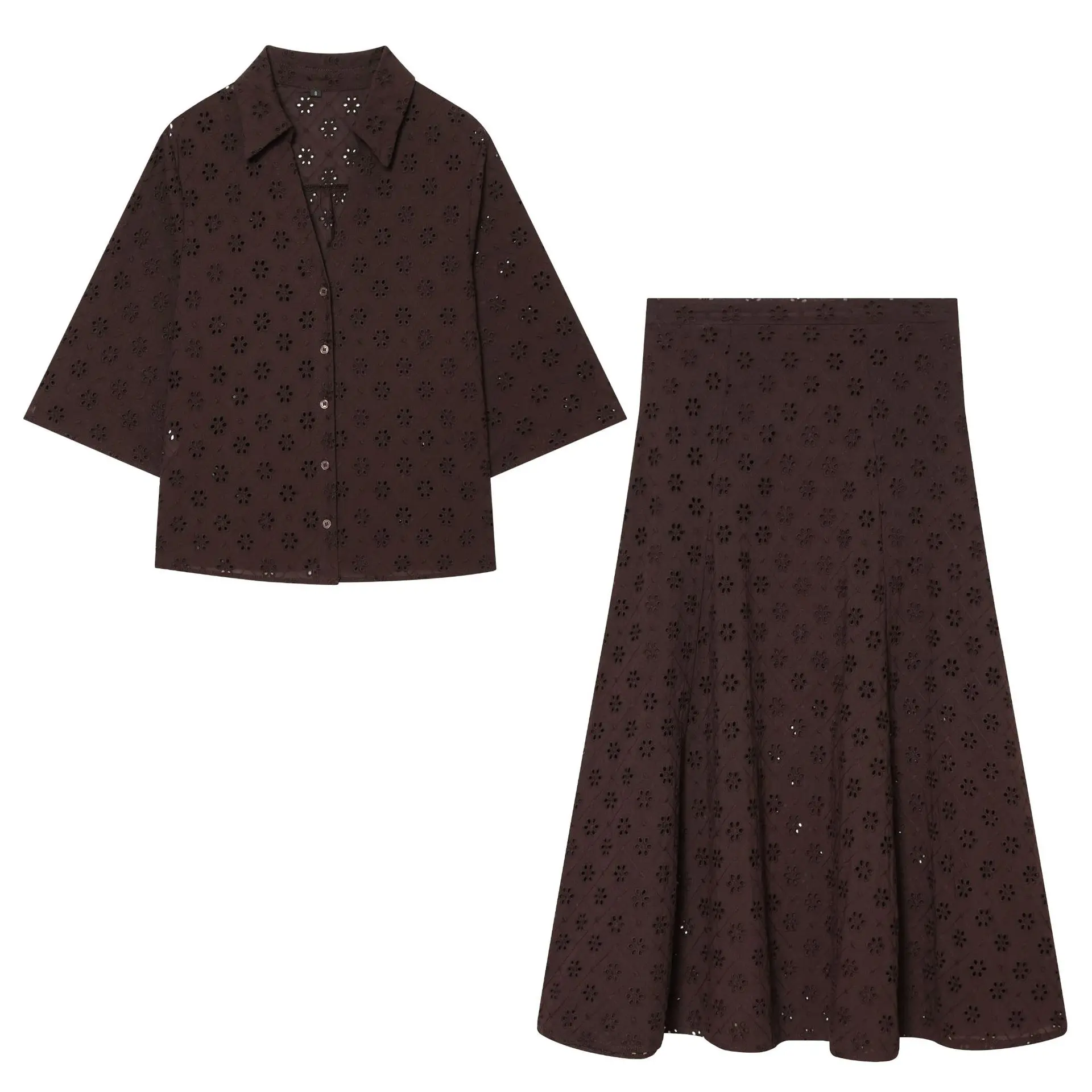 Fashionable Embroidered Hollow out Shirt  Skirt Set Women's Cross-Border Clothing Casual Organic Cotton Workwear Pants