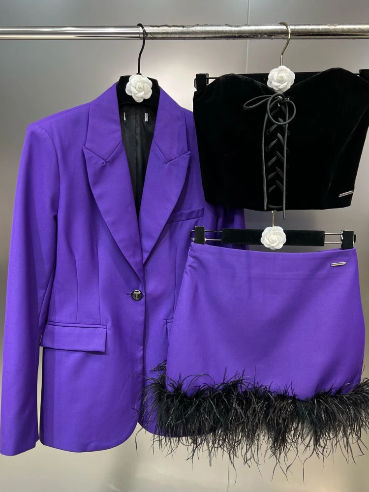 Fashion Vintage Purple Suit Women Autumn New Blazer Coat+Short Strapless+Ostrich Hair Overskirt Elegant Commuter Three-Piece Set