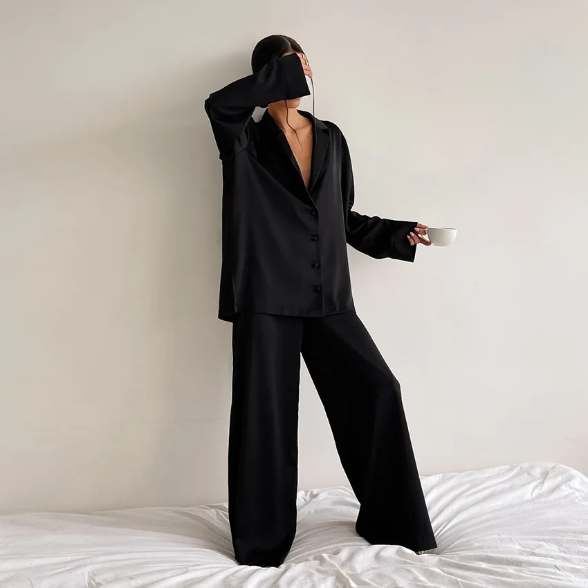 NHKDSASA Oversized Satin Silk Sleepwear Low Cut Sexy Pajamas For Women Single-Breasted Long Sleeves Wide Leg Pants Trouser Suits