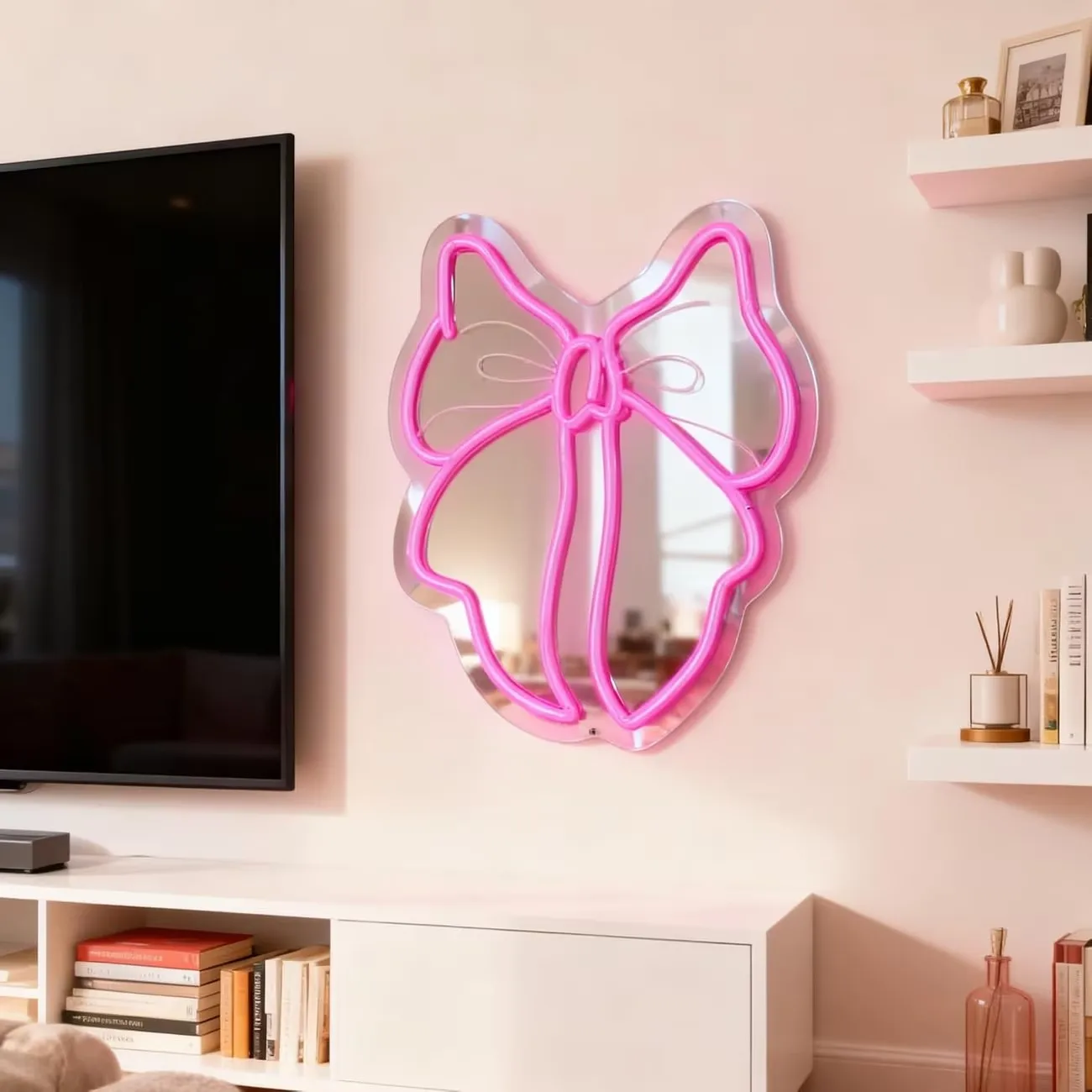 Pink Bowknot Neon Mirror Light, Bow Shape LED Neon Sign Mirror, Wall Hanging Decor Lamp For Girls Room Makeup Area Ornament