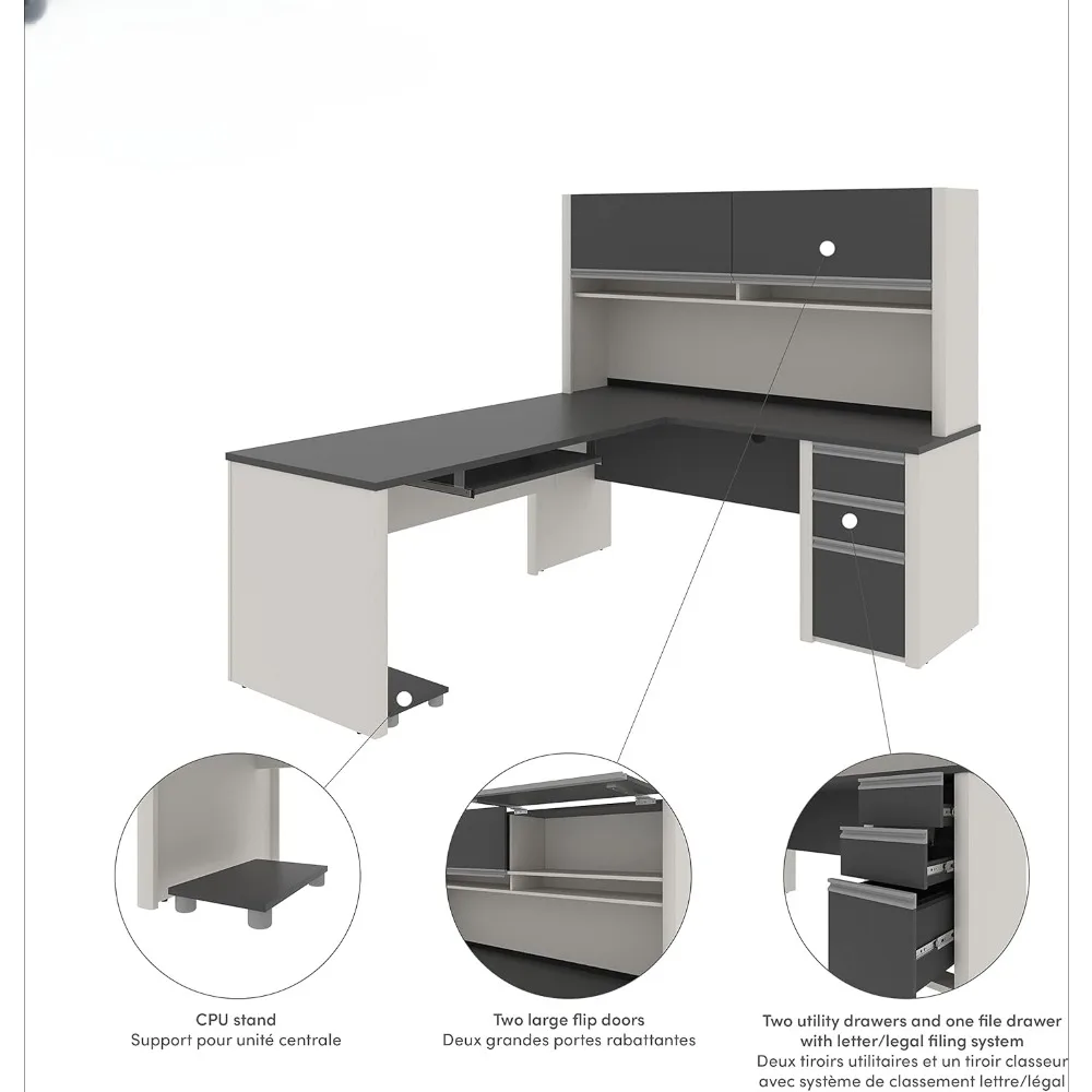 Connexion L-Shaped Desk with Hutch and Pedestal, 72W, Slate/Sandstone， Office Table with Cabinet