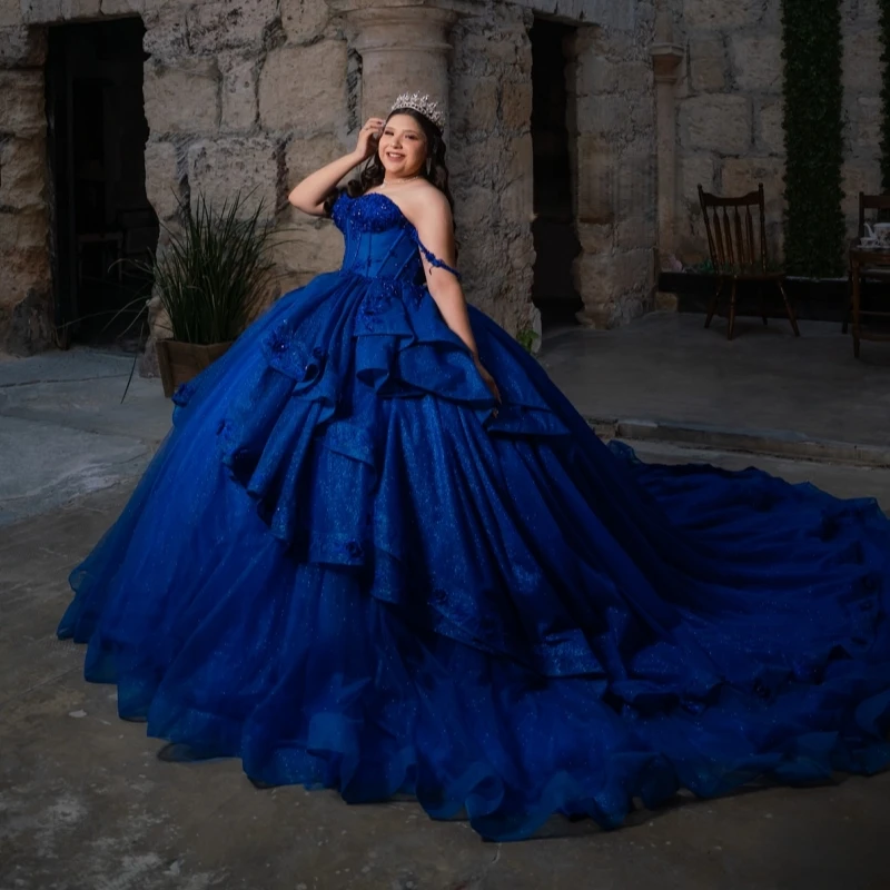 

Navy Blue Shiny Quinceanera Dresses Ball Gown Off The Shoulder Applique Lace Beading Crystal Tull Corset Party Birthday Sweet 16