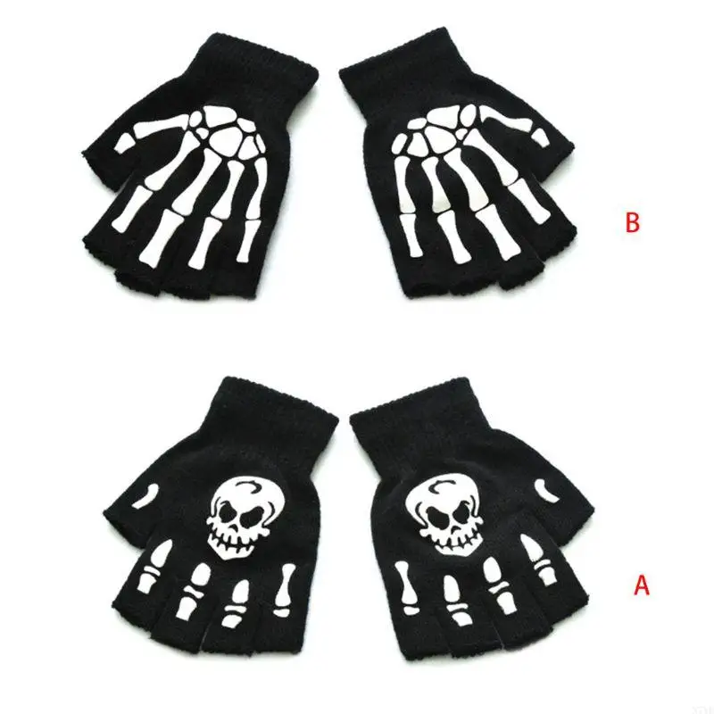 

N7YF Kids Warm Knit Gloves Halloween Skeleton Half Finger Glow Mittens