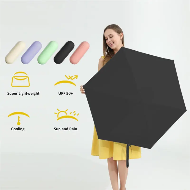 Capsule Umbrella Portable Mini Sunshade Sunscreen Rain Umbrella Black 6 Bones Handle Foldable Sun Rain Dual Use