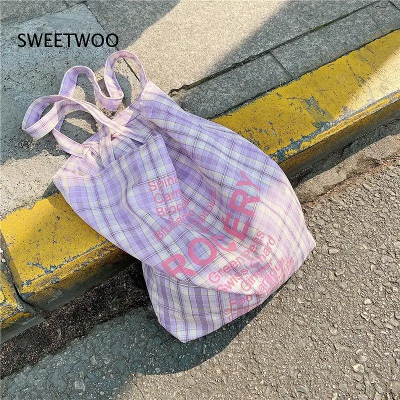 Pastell-Lila-Rosa Gingham-Buchstaben-Print Kordelzug-Tragetasche Leichte Baumwollstoff-Tasche für Teenager-Mädchen Tägliche Einkaufs-Schultertasche