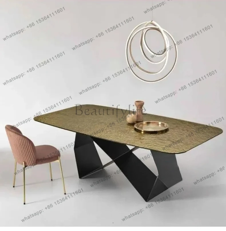 Italian light luxury hot melt water corrugated dining table villa  tempered glass rectangular table stainless steel