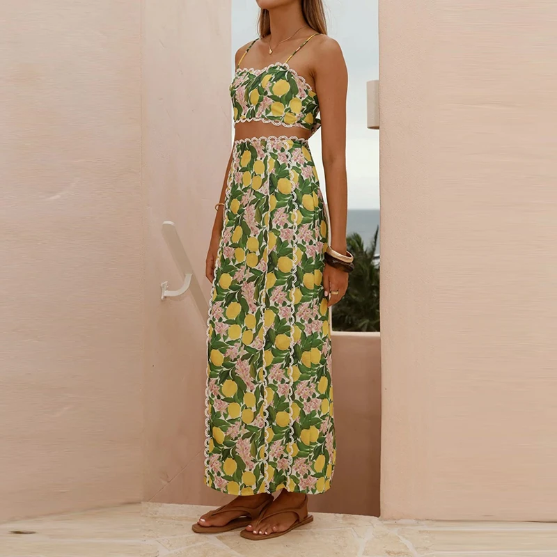 

Beach vacation summer new set women's sleeveless hollow out set sexy lace lemon print tank top and skirt two-piece set