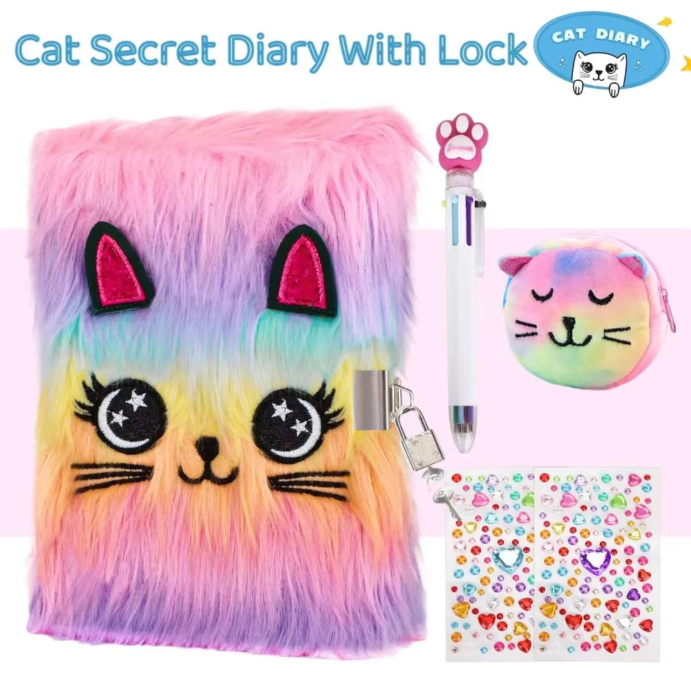 Journal intime chat avec serrure pour cadeau fille, journal secret flou tie-dye pour enfants avec 160 pages, carnet en peluche pour écrire et dessiner