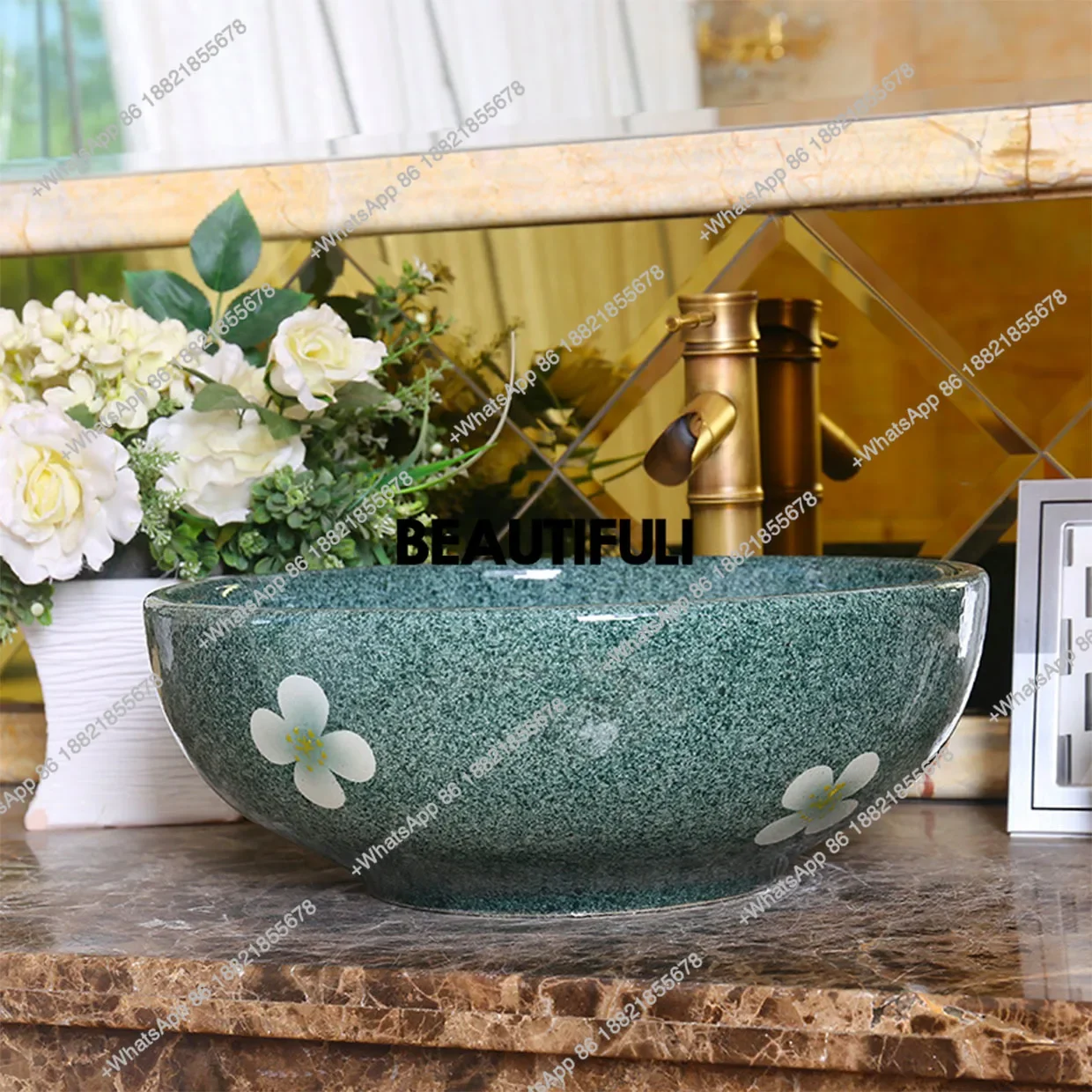 

RR Green Magnolia Retro Wash Basin Bathroom Hotel Washbasin Household Round Basin Ceramic Countertop Sink