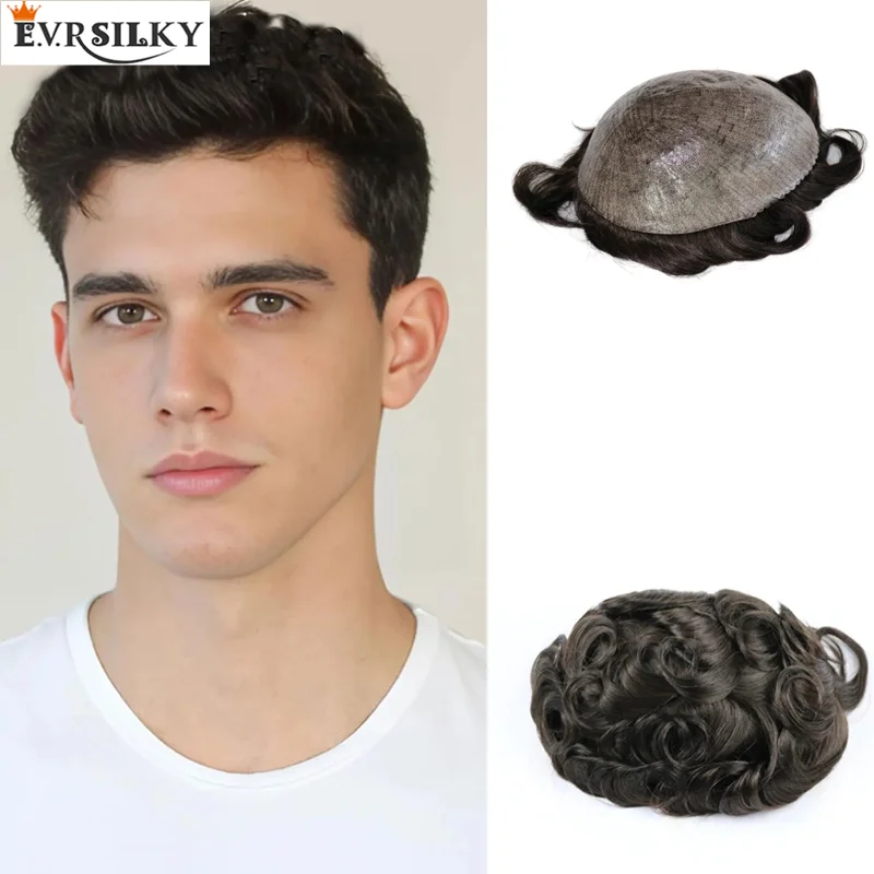 

Breathable Tidal wig 100% real hair men's wig 30 mm wave skin pu based capillary prosthesis replacement system injection