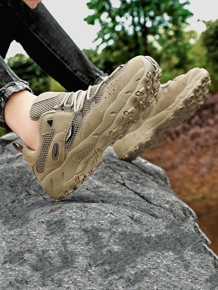 Outdoors Mens Mixed Colors Mesh Spliced Cow Leather Breathable Non-Slip Mesh Hiking Lace Up Round Toe Travel Camping Sport Shoes