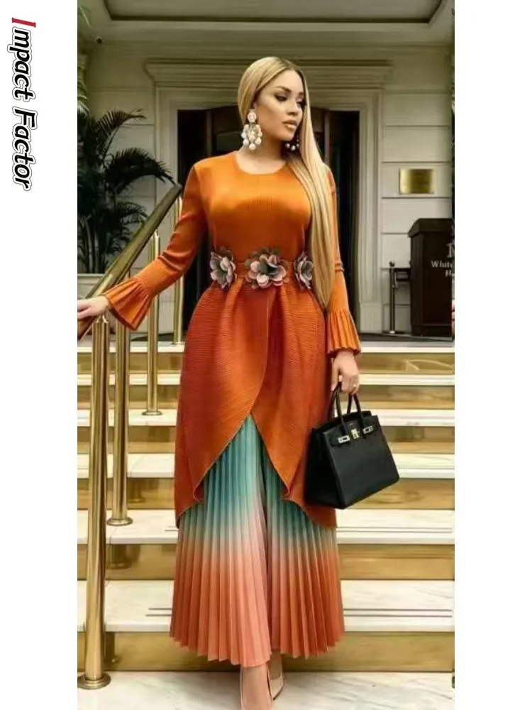 Miyake Loose Round Neck Gradual Change Printing Three-dimensional Flower Waist Trousers Big Pendulum Fold Fashion Two-piece Set