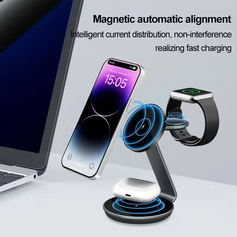 Transparenter magnetischer kabelloser Qi-Ladeständer für Apple Watch 8, 9, iPhone 16, 15, 14, 13, 12 Pro, AirPods, 15 W, schnelles kabelloses Laden