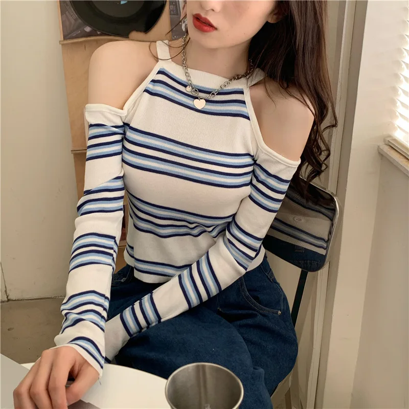 

Korean Spicy Girl Shoulder Hollow Long Sleeve T-shirt Contrast Stripe Knitted Shirt Retro Short Sweet Slim Fit Top Tees Female