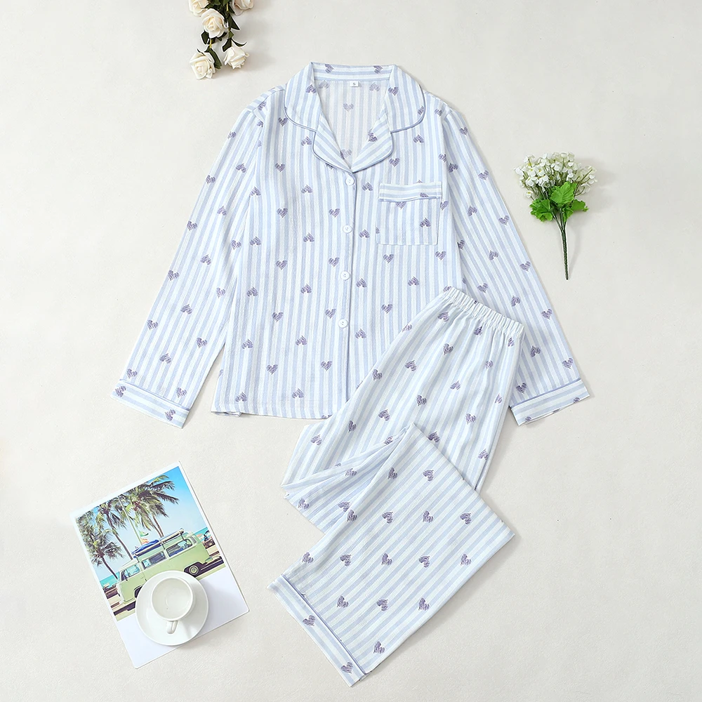 

2Pcs Comfortable Loose Pajamas For Women Cardigan Long Sleeve Top Elastic Waist Pants Set Autumn Female Nightwear Loungewear