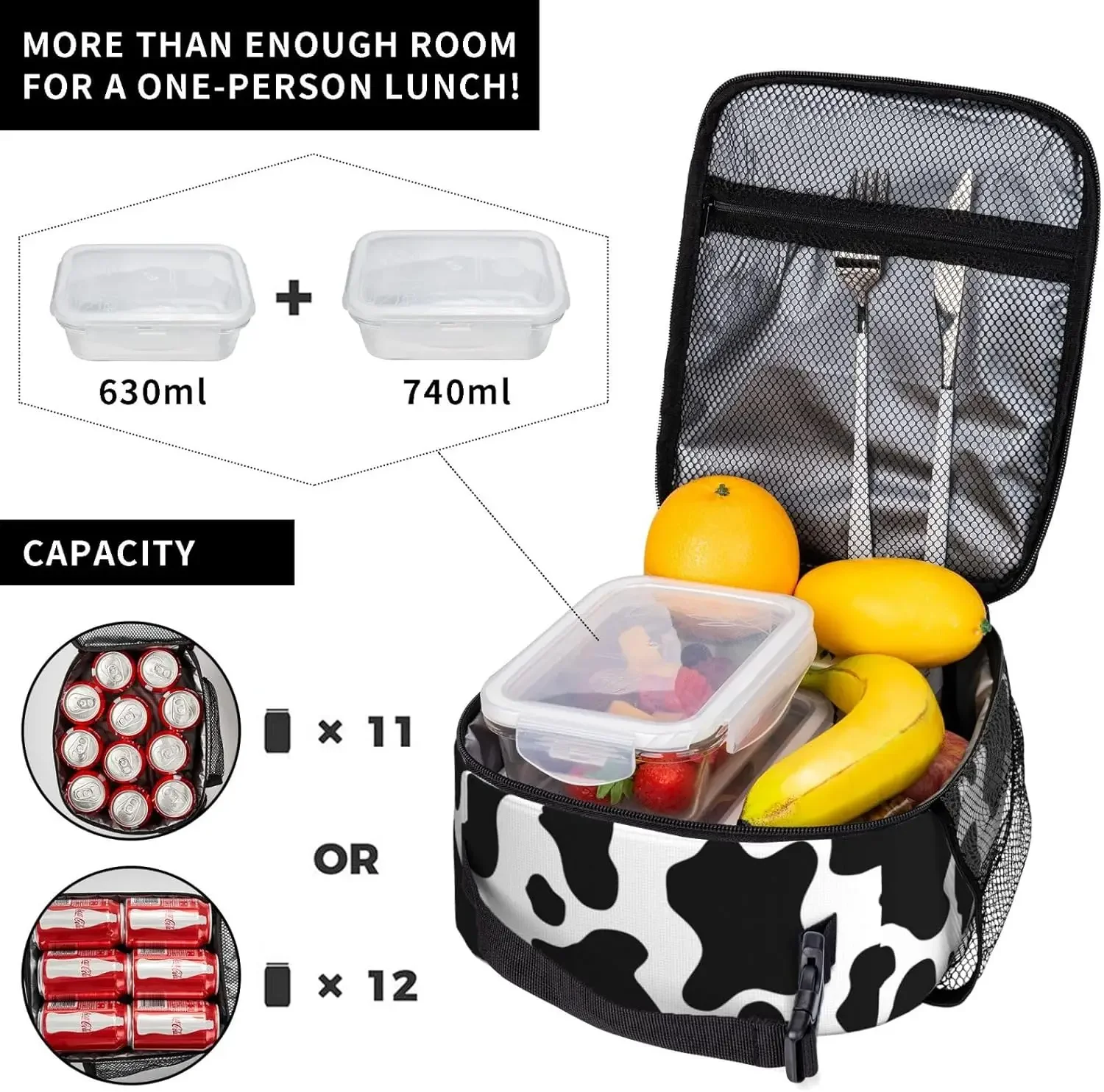 Black And White Cow Lunch Bag Insulated Reusable Lunch Box Cooler Totes with Side Pocket For Work Office Picnic Camping Travel