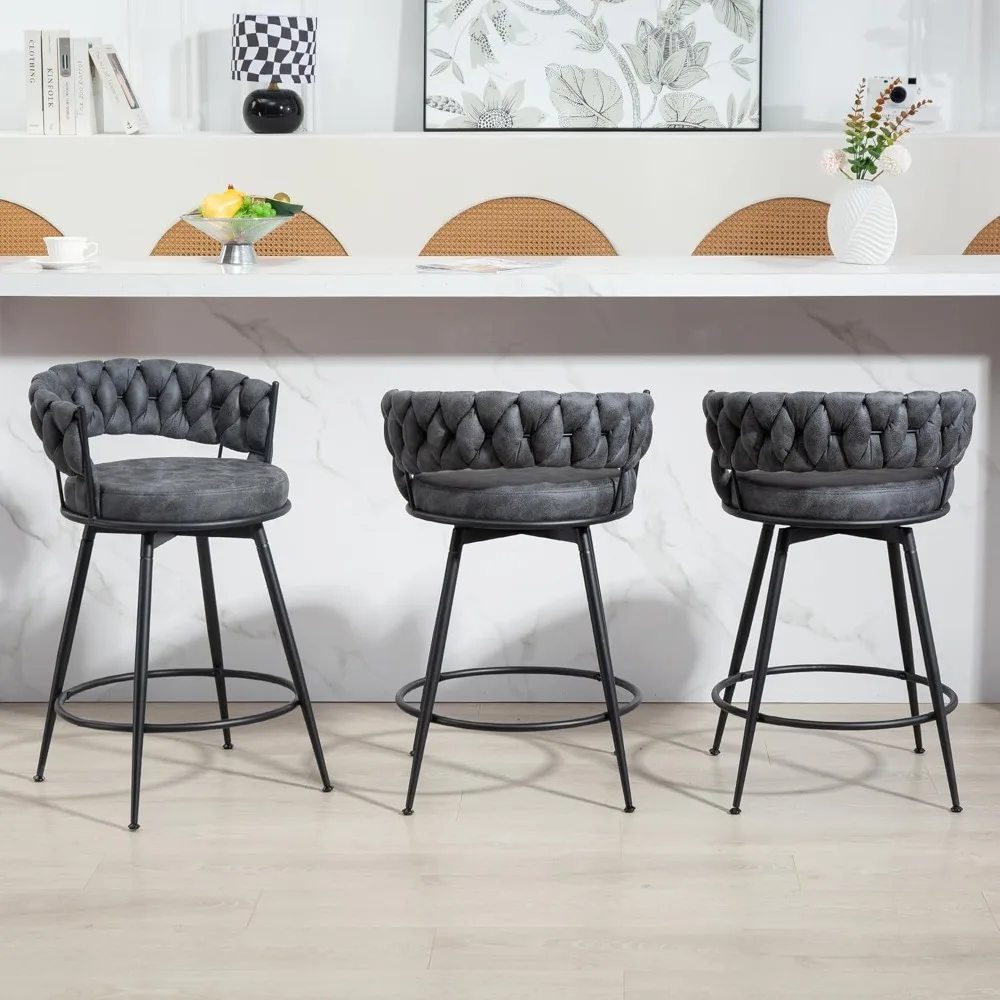 

Swivel Bar Stools Set of 3, 24 Inches Modern Counter Height Bar Stools with Woven Back, Upholstered Suede Tall Barstools