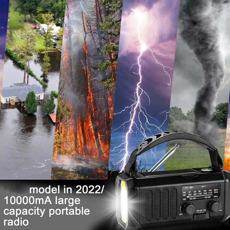 FFYY-Emergency Weather Radio FM/AM/WB,Portable Hand Crank Radio,Flashlight ,Solar Powered 10000Mah For Outdoor Camping
