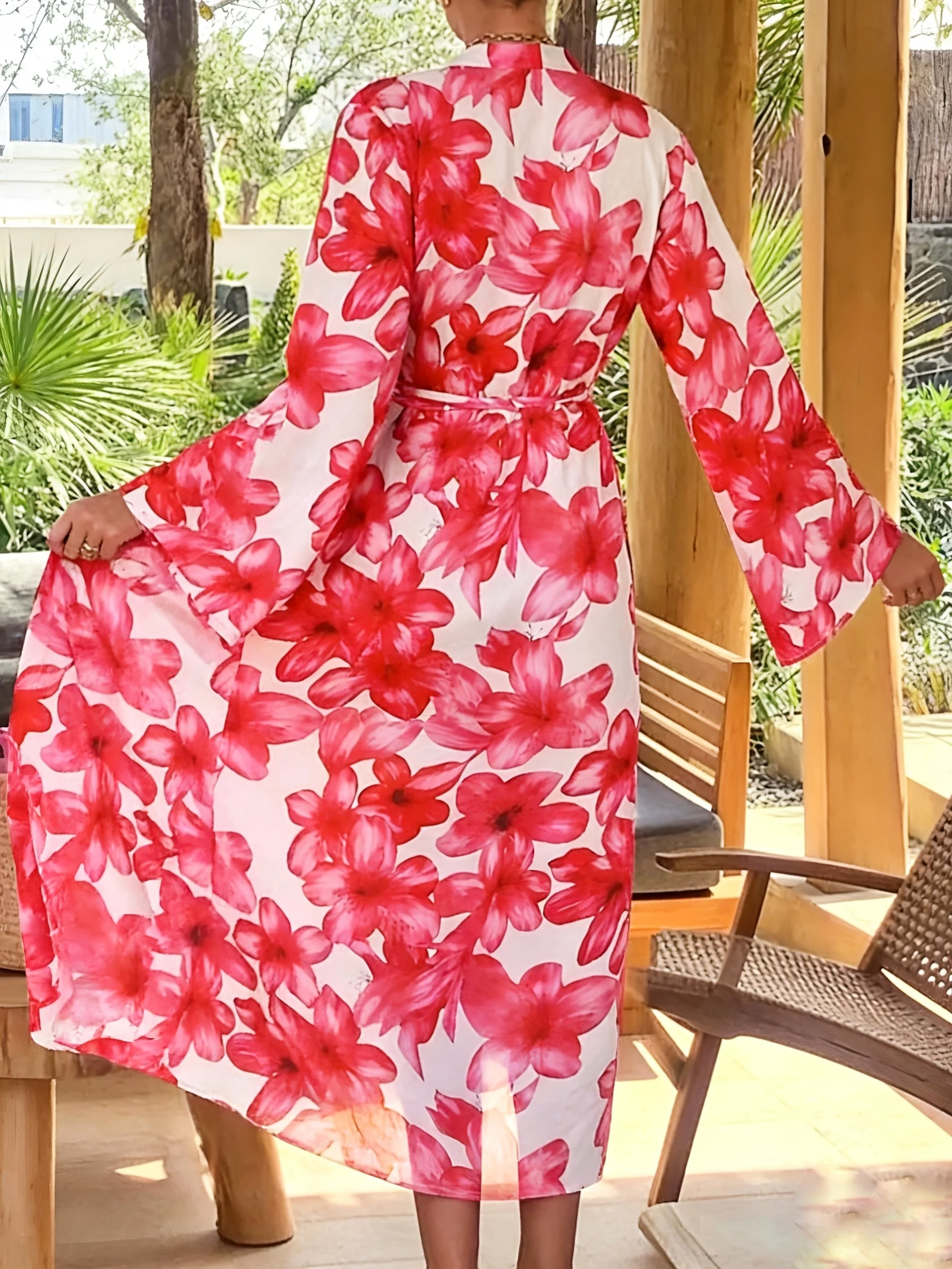 Women's Red Floral Kimono Robe - Kimono Sheer Floral ulasan dan harga
