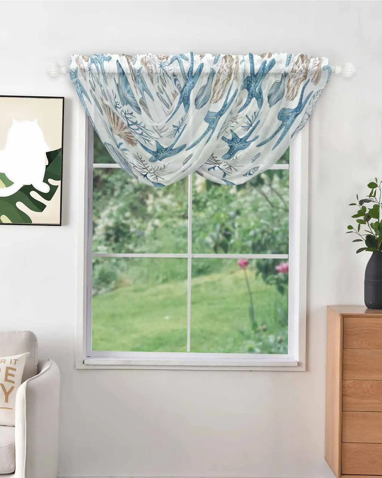 Marine Coral Shell Starfish Blue Series Irregular Pattern Tulle Curtains for Living Room Sheer Curtain Kitchen Voile Drapes