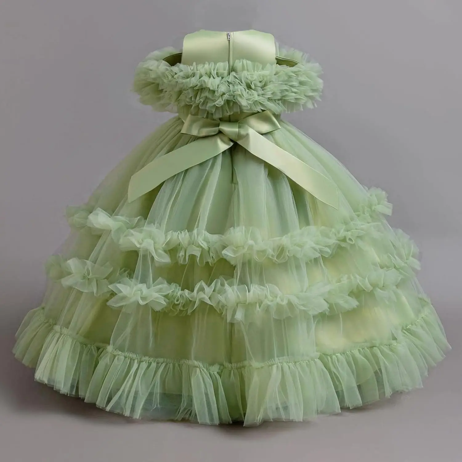 얇은 거즈 플라워 걸 드레스 레이어드, 푹신한 러플 밑단 드레스, 어린이 첫 영성체 드레스, 생일 파티 댄스 드레스