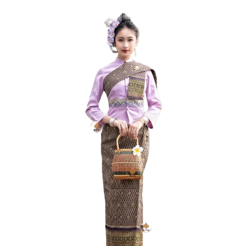 Thailand Clothing for Women Southeast Asian Ethnic Style Dai Work Wear Thai Restaurant Work Uniform Tops Shawl Skirt