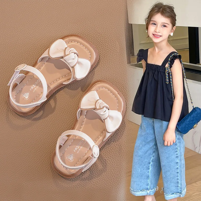 

New 2025 Children's Sandals for Girls Shoes for Kids Baby Summer Soft Flat Heels Beach Princess Fashion Bow Shoes Size 23-36