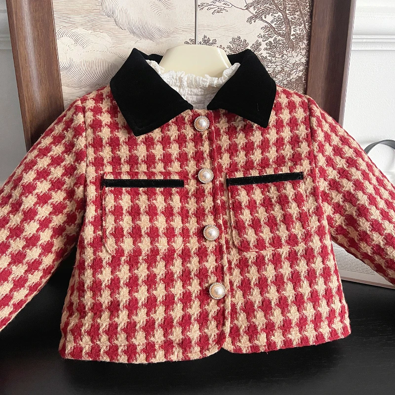 Girls' Winter Set New Korean Version of Girls' Red Plaid Small Fragrant Cotton Jacket + Cotton Skirt Two-piece Set  Kids Clothes