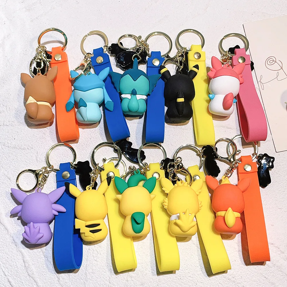 Cute Pokemon Keychain Toys Pikachu Sylveon Leafeon Espeon Umbreon Kawaii Cartoon PVC Bag Pendant Ornament Doll Kids Charm Gift