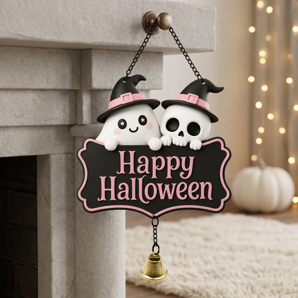 Front Door Halloween Decor Wooden Skeleton Hanger with Charming Bell Sound 20x18.5cm 20x17cm 20x17.6cm Natural Wood Look
