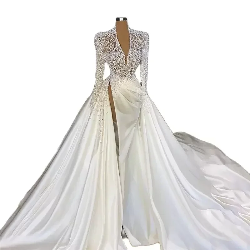 تخصيص فساتين زفاف أنيقة من اللؤلؤ الثقيل الساتان تنورة قبالة الكتف مطرز زي العرائس مخصص الجلباب الفاخرة دي ماري