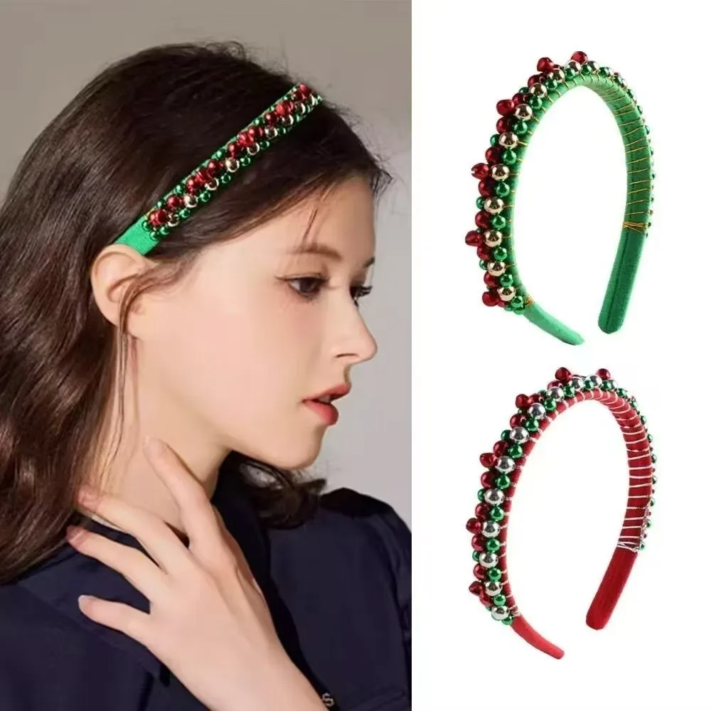 Hair Accessories Red Green Beads Christmas Headband Golden Accents Bell Charms Party Accessory Costume Headwears Christmas Party