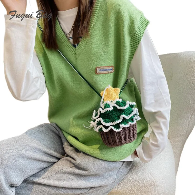 

Handmade Woven Bag Drawstring Mouth Paper Cupcake Christmas Tree Shoulder Crossbody Bag Sweet Knitted Bag Christmas Women's Bag